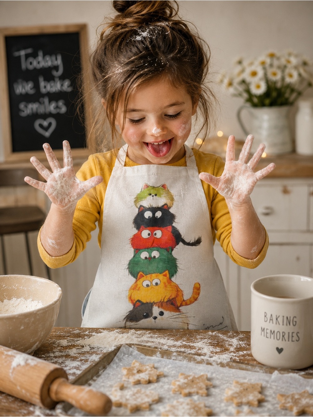 Cute Stacked Cartoon Cats Kids Apron Cooking Crafting Art Bib with Pocket